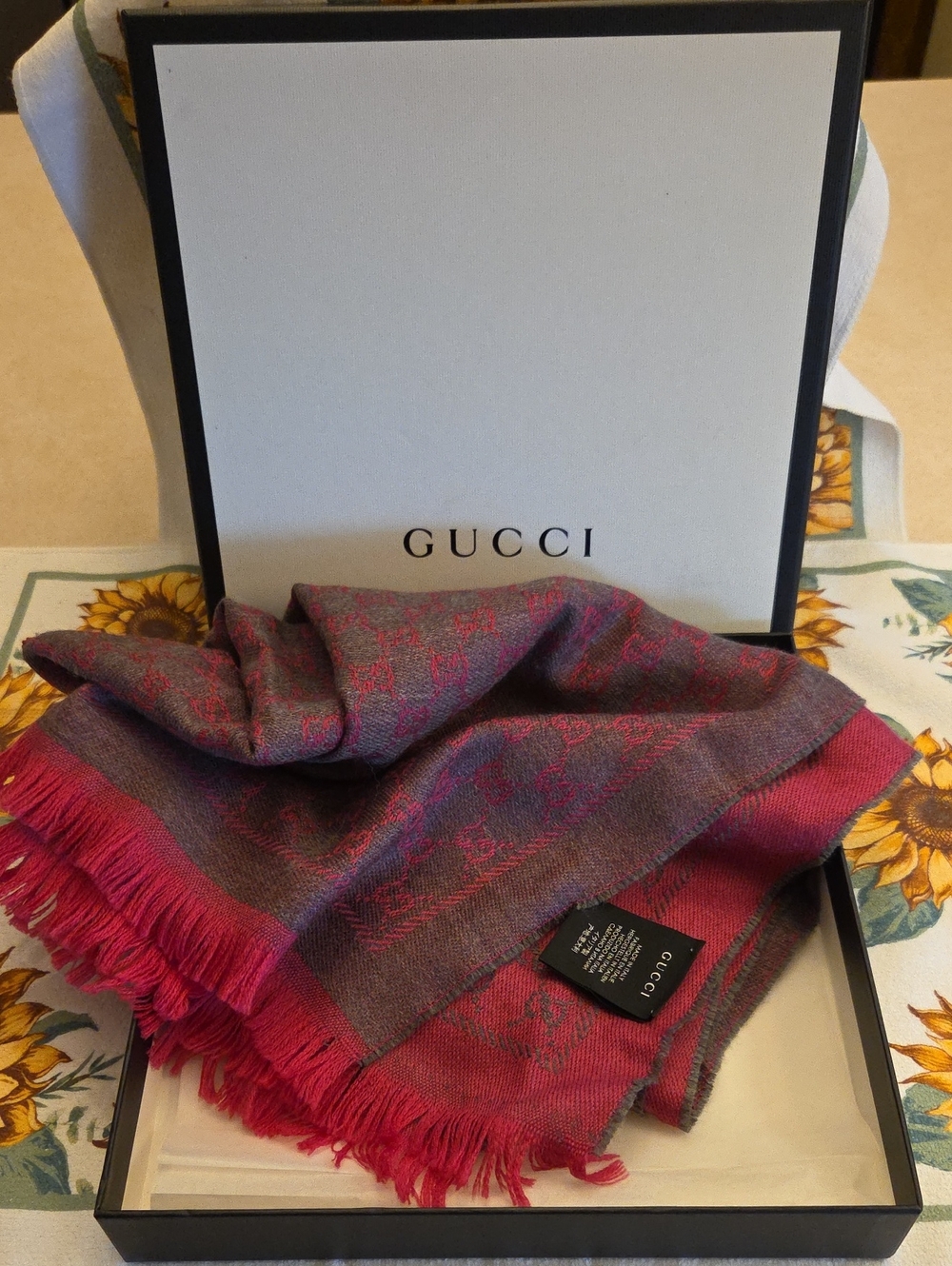 Gucci Pink and Gray Monogram Wool Blend Scarf with Fringe